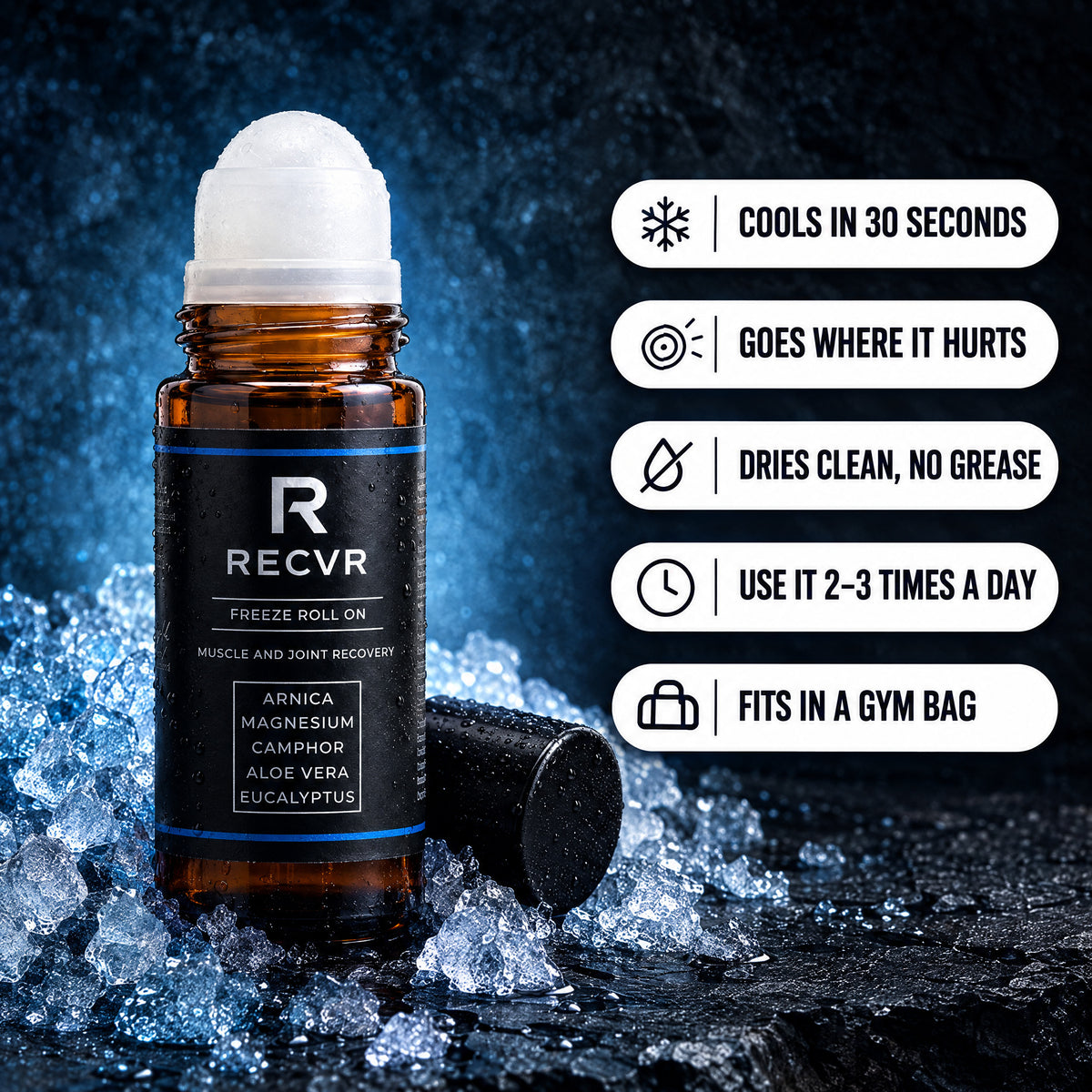 Freeze Roll-On with cap off on crushed ice